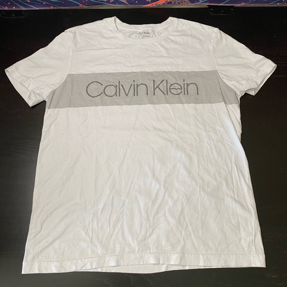 Calvin Klein White Short Sleeve Logo Tee with Gray Chest Band